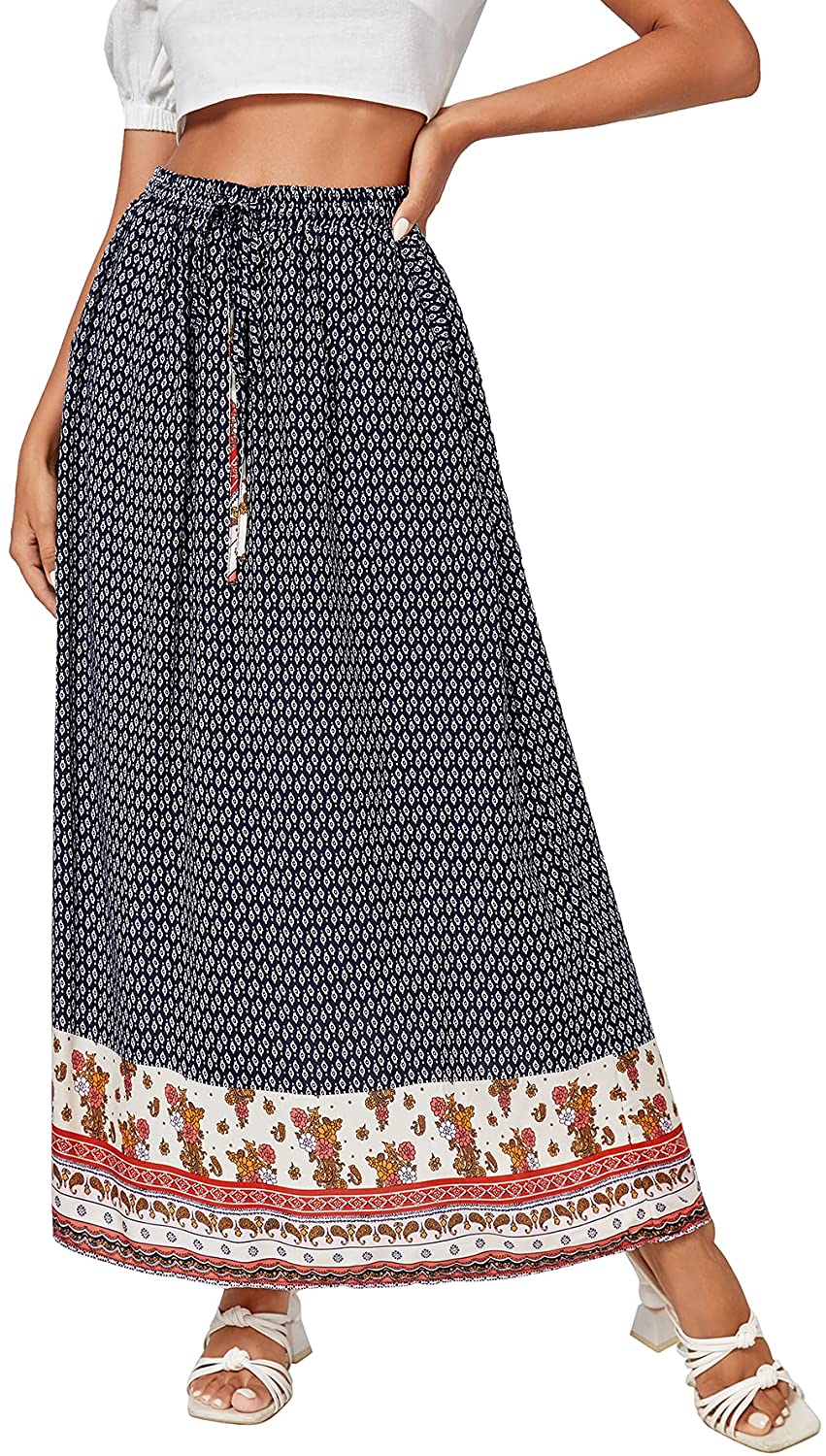 Milumia Women's Boho Vintage Print Pockets A Line Maxi Skirt