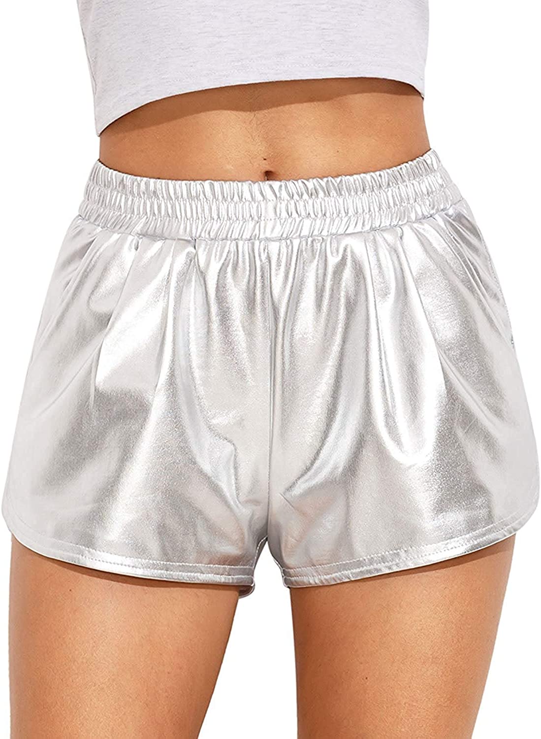 Ekouaer Womens Yoga Hot Shorts Shiny Metallic Outfit Pants Pocket for Costume Party Dance 