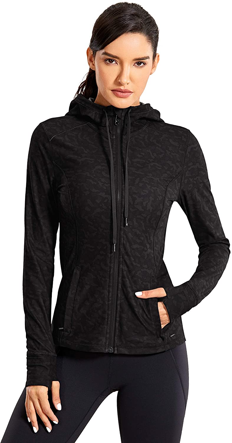 CRZ YOGA Women's Brushed Full Zip Hoodie Jacket Sportswear Hooded Workout Track Running Jacket with Zip Pockets 