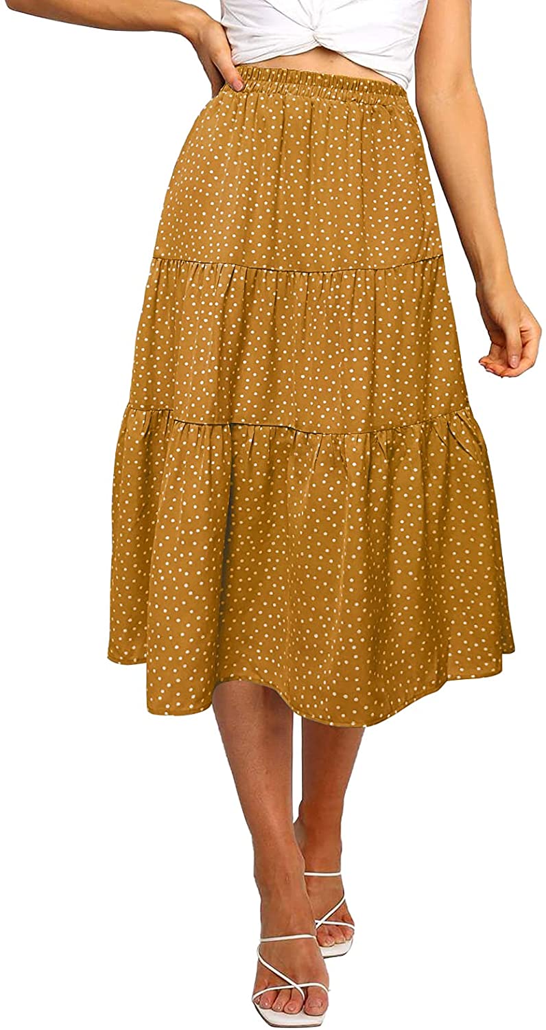 MEROKEETY Women's Boho Leopard Print Skirt Pleated A-Line Swing Midi Skirts 