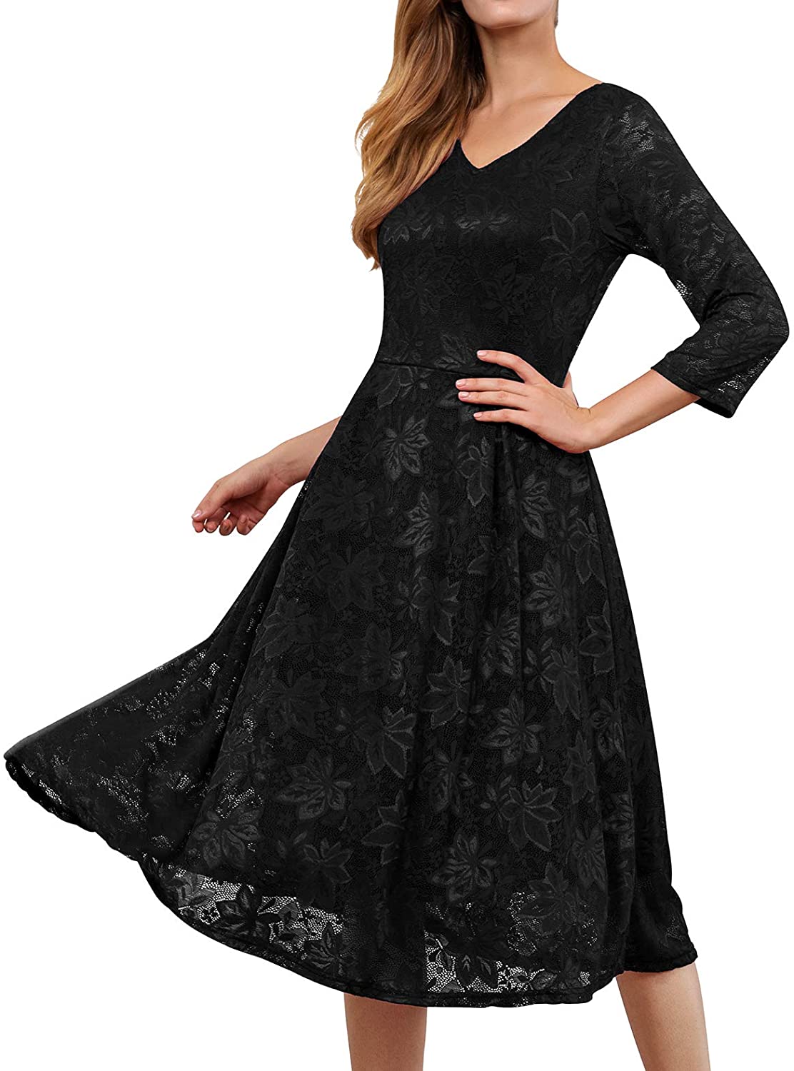 Noctflos Women S 3 4 Sleeves Lace Fit And Flare Midi Cocktail Dress For Women Part Ebay