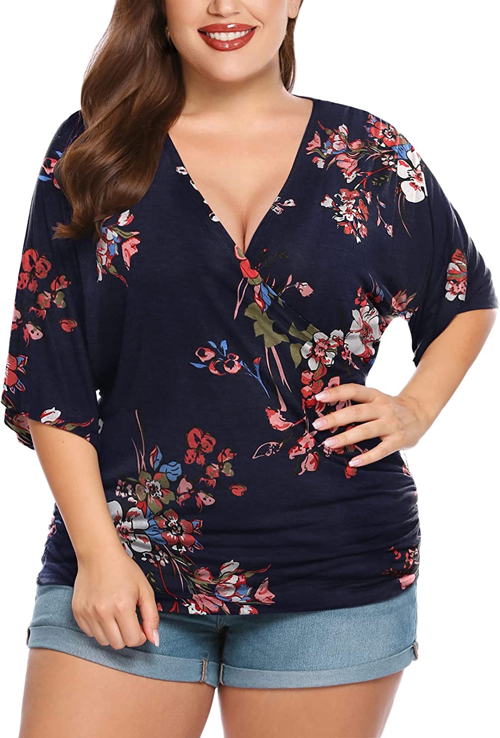 IN'VOLAND Womens Plus Size Tops V Neck Short Sleeve Shirts Loose