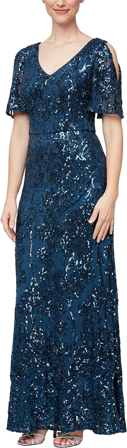 Alex Evenings Women s Sequin Stretch Lace Cold Shoulder Gown eBay