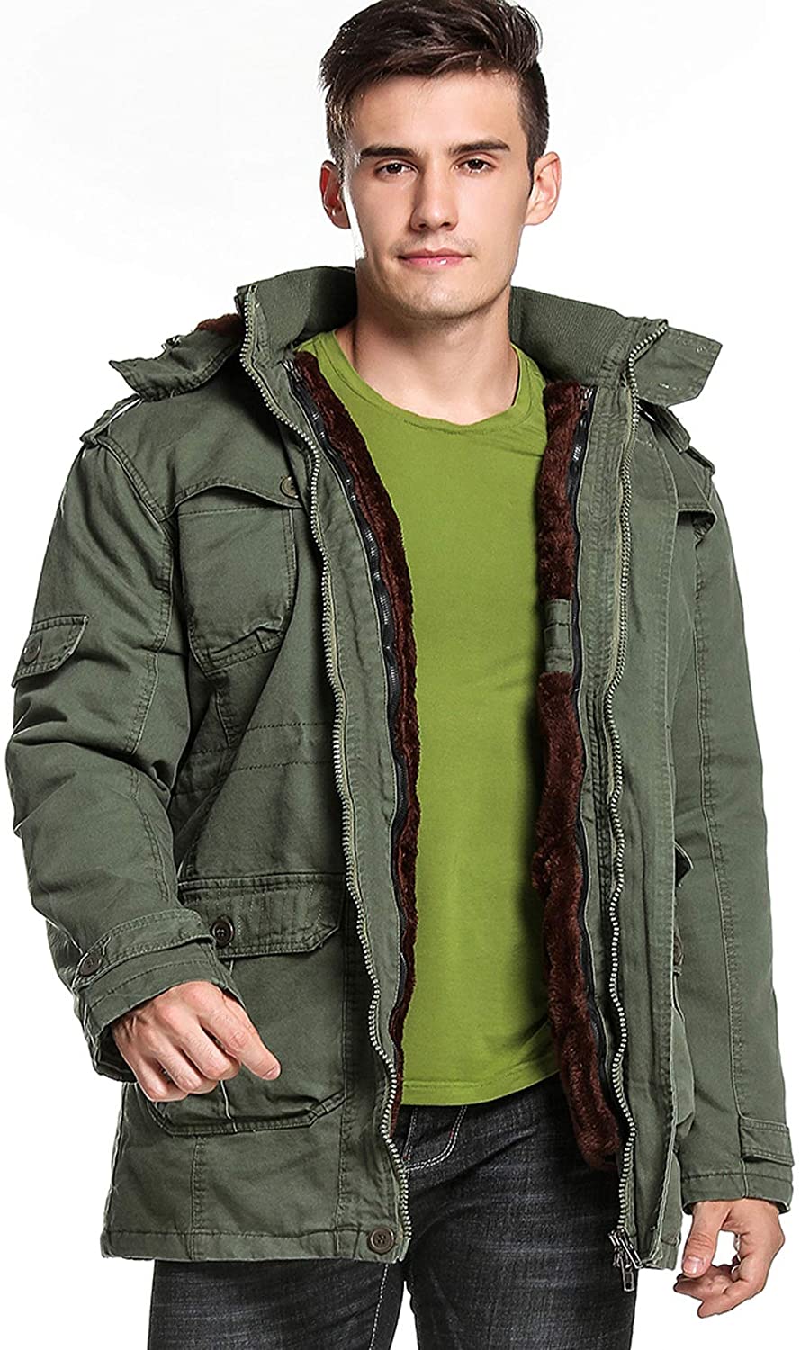 chouyatou Mens Winter Spread Collar Sherpa-Lined Military Trucker Jacket Windbreaker 