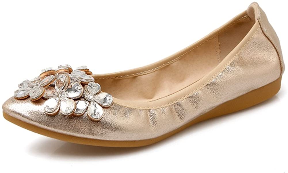 Defotoin Womens Foldable Soft Pointed Toe Ballet Flats Rhinestone Comfort Slip on Flat Shoes 