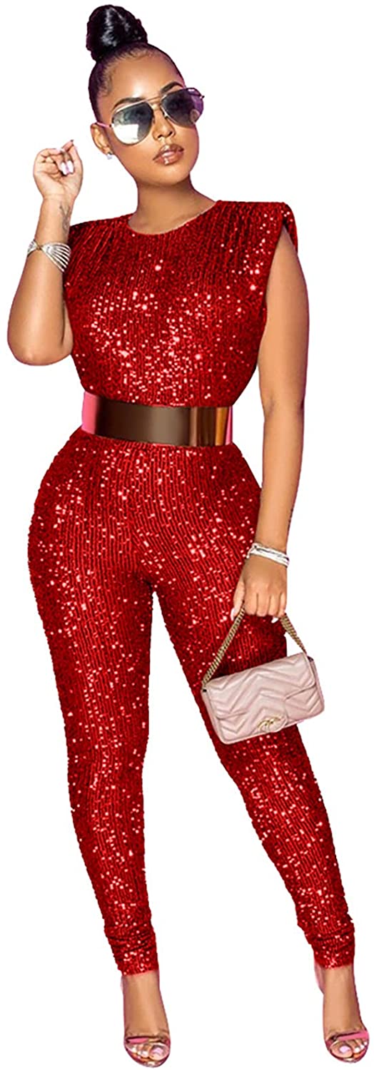CHGBMOK Jumpsuits for Women Fashion Sleeveless Sequins Sexy Slim Fitting  Suspender Playsuit Jumpsuit 