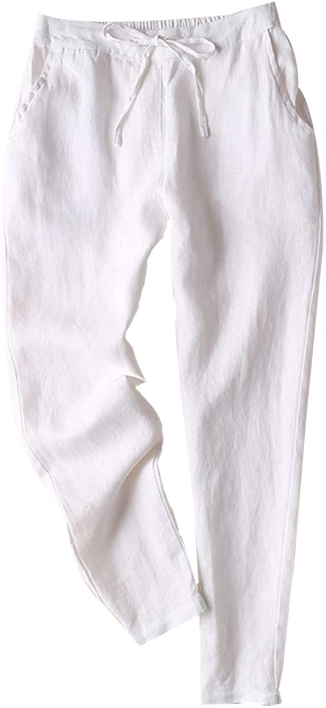 Tanming Women's Casual Linen Elastic Waist Tapered Pants Trousers with  Drawstrin | eBay