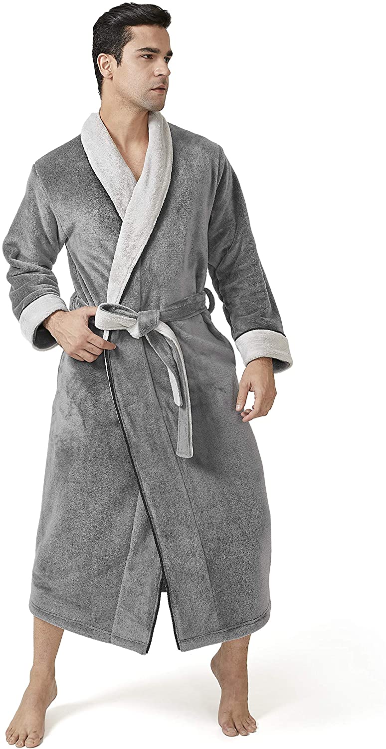 DAVID ARCHY Men's Coral Fleece Robe Full Length Lounge Shawl Bathrobe with 2 Pockets 