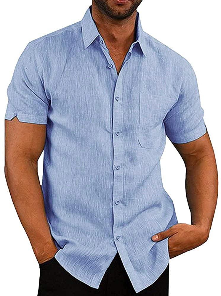 Ykohkofe Men Button Down Shirt Summer Short Sleeve Casual Plain Cotton Linen Shirts Slim Fit Chambray T Shirt 