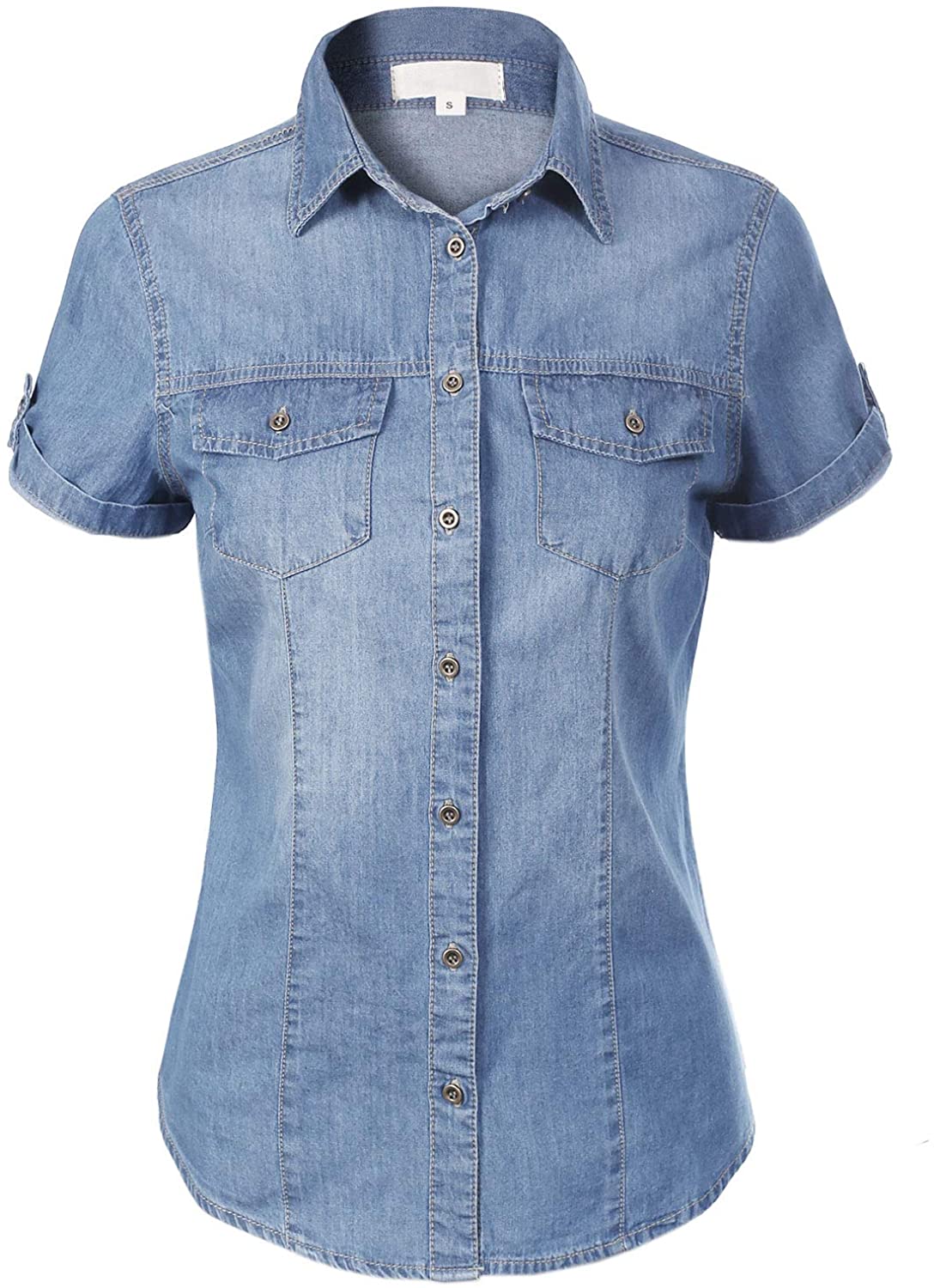 Design by Olivia Women's Cap Sleeve Button Down Denim Chambray Shirt
