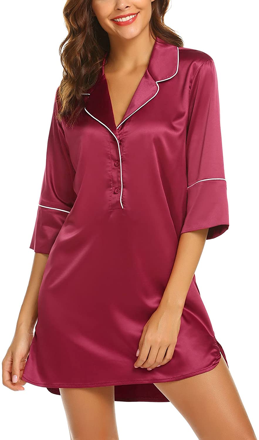 Ekouaer Women's Sleep Shirt Long Sleeve Sleepwear Silk Nightshirt Button D | eBay