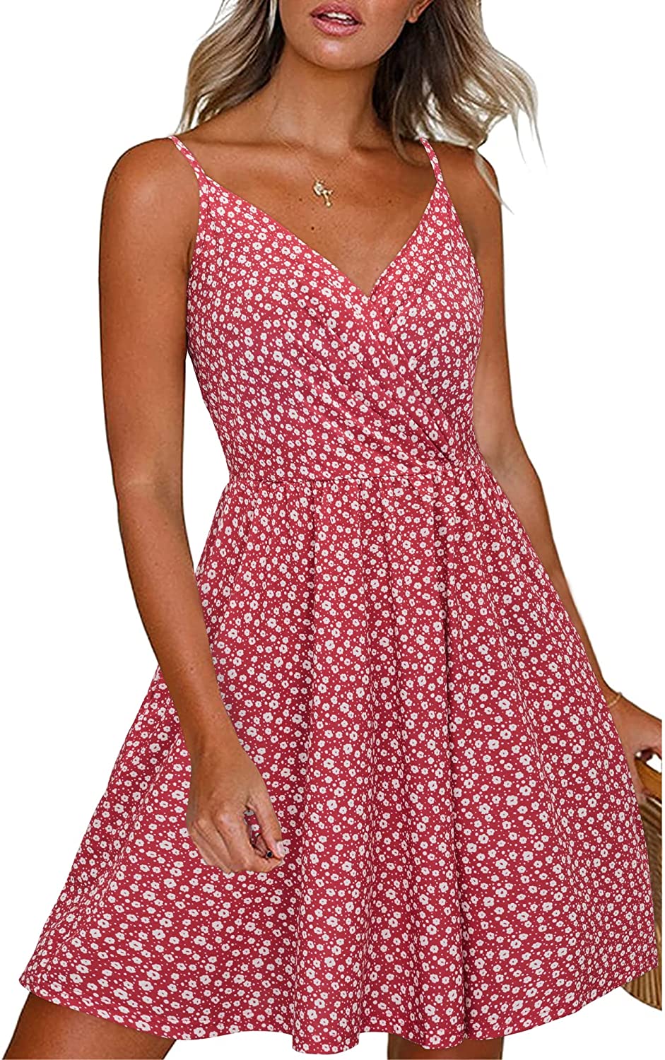 Newshows Women's Summer Dress Floral Spaghetti Strap Sleeveless V-Neck  Casual Beach Vacation Outfits Skater Sundress with Pockets(2-Floral 10,  Small) at  Women's Clothing store