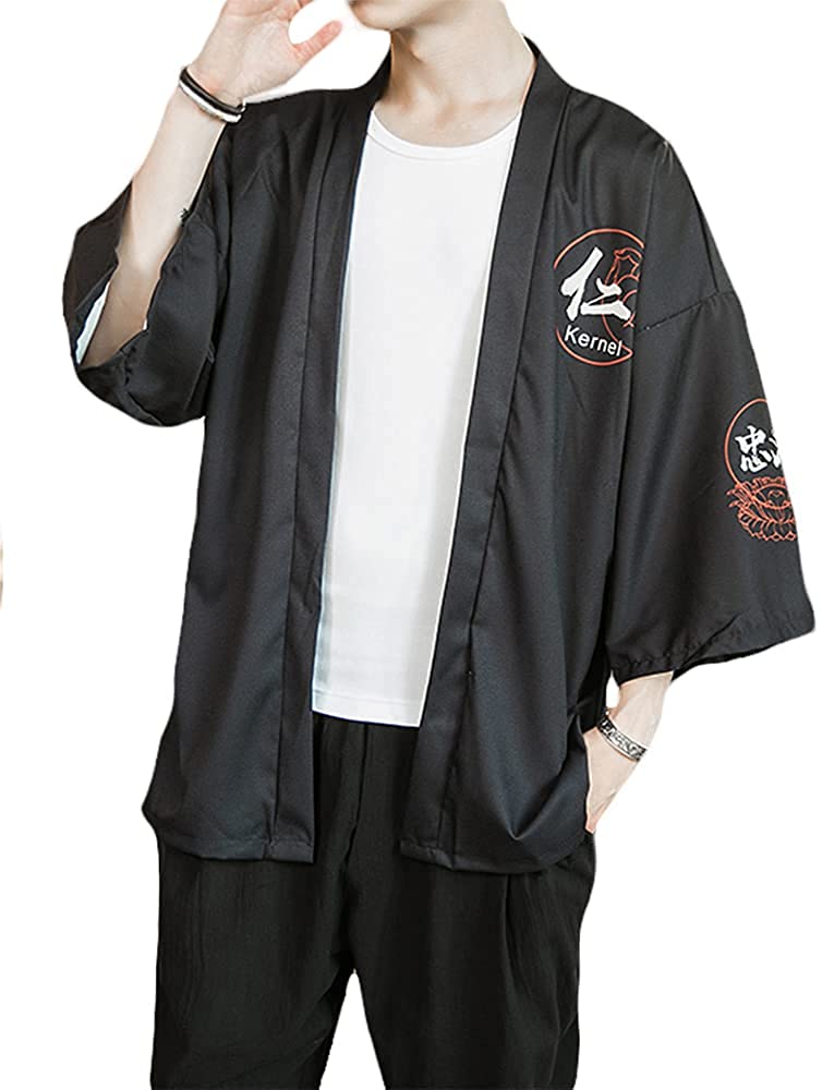 PRIJOUHE Men's Kimono Cardigan Jacket Japanese Style Flying Crane Seven  Sleeves Open Front Coat at  Men's Clothing store