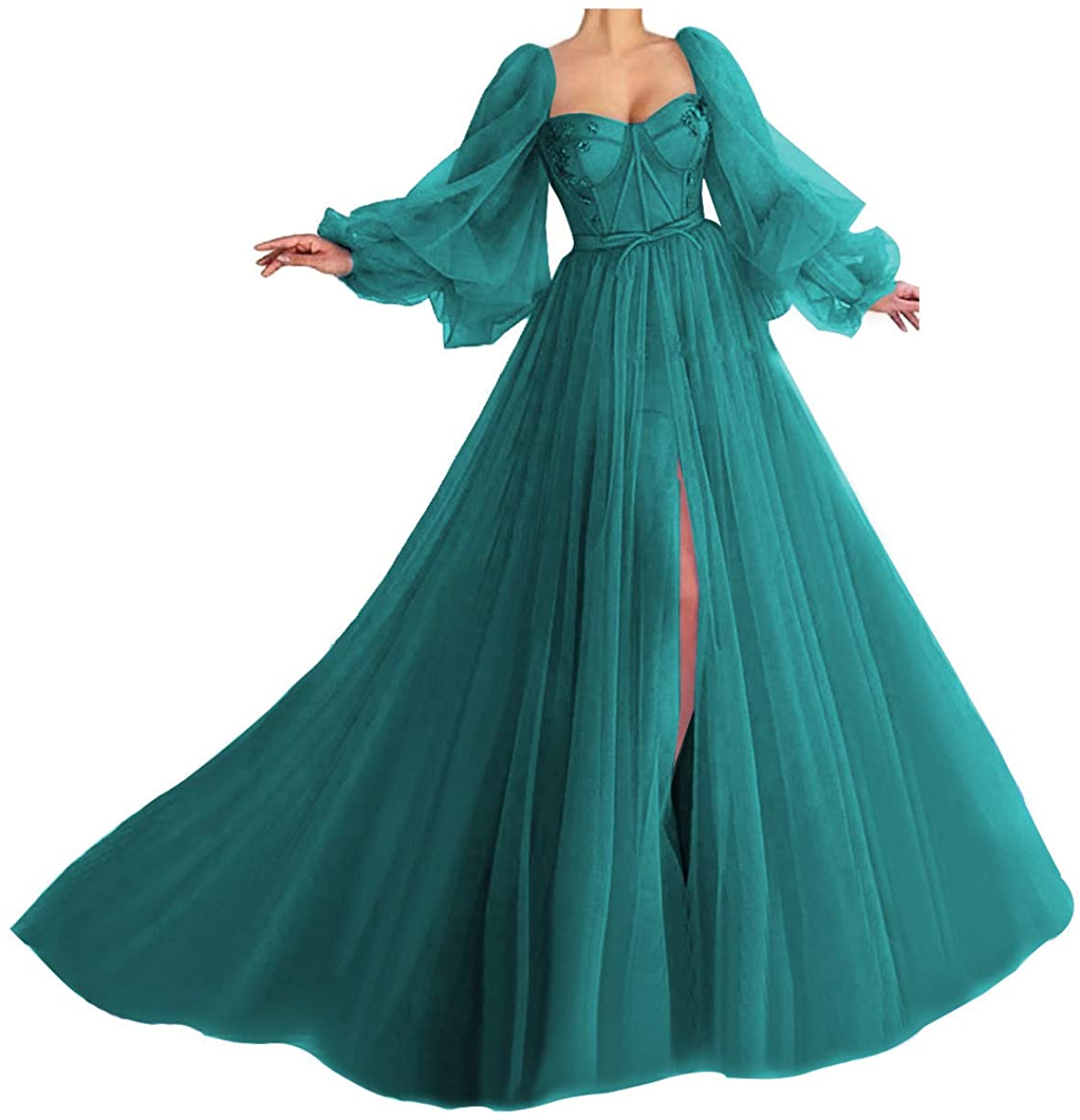 Long Puffy Sleeve Prom Dress A-Line Ball Gown V Neck Tulle Pleated Formal  Evening Gowns for Women : : Clothing, Shoes & Accessories