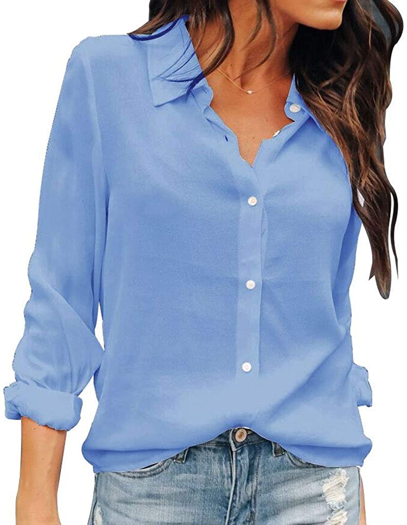 OMSJ Women Button Down Shirts Long Sleeve Chiffon Office V Neck Casual  Business Blouses Tops