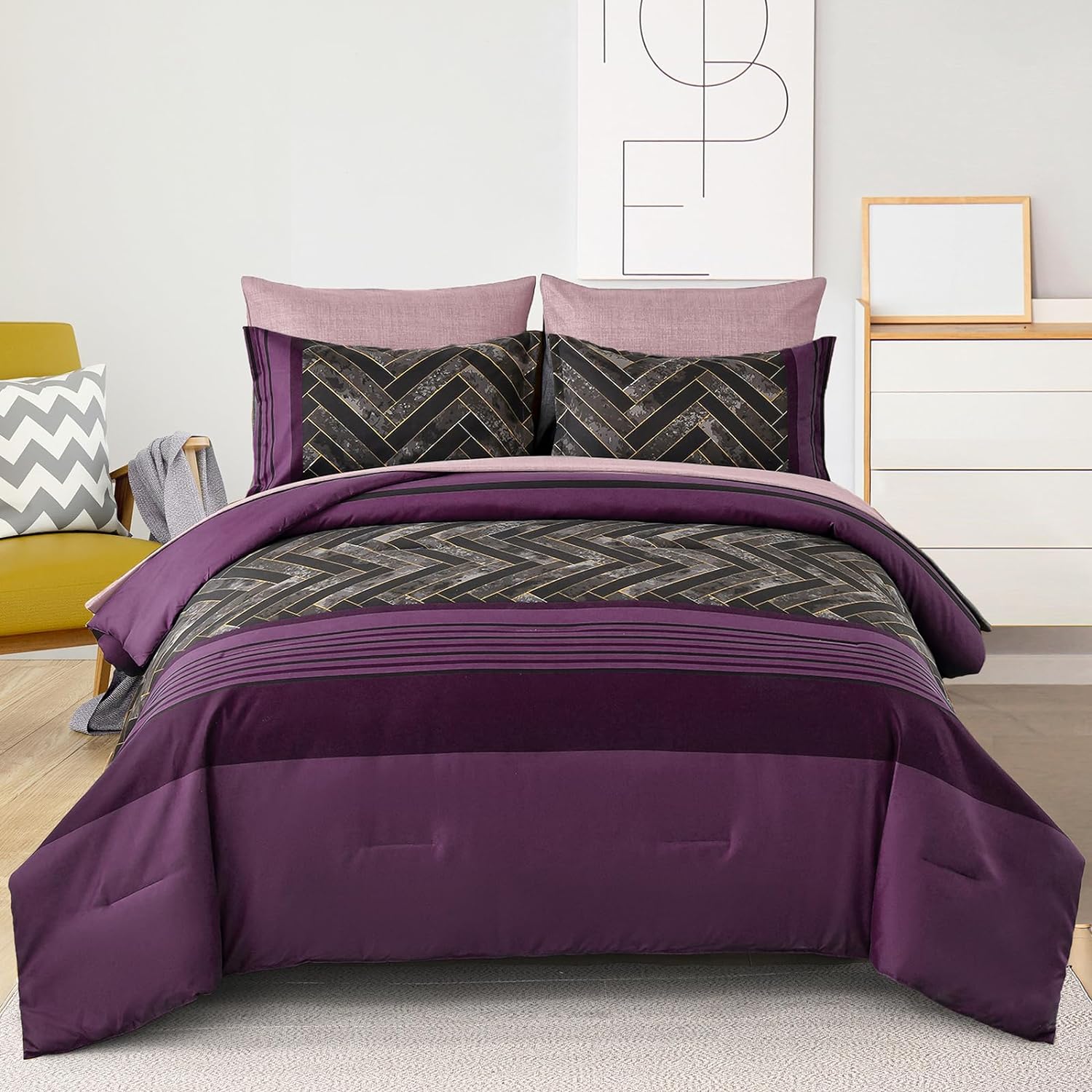  Luxudecor Floral Comforter Set King Size 7 Piece, Purple Flower  Bed in a Bag, Elegant Floral Comforter with Sheet Set, Soft Microfiber Bedding  Set for All Season (Purple, 104x90) : Home