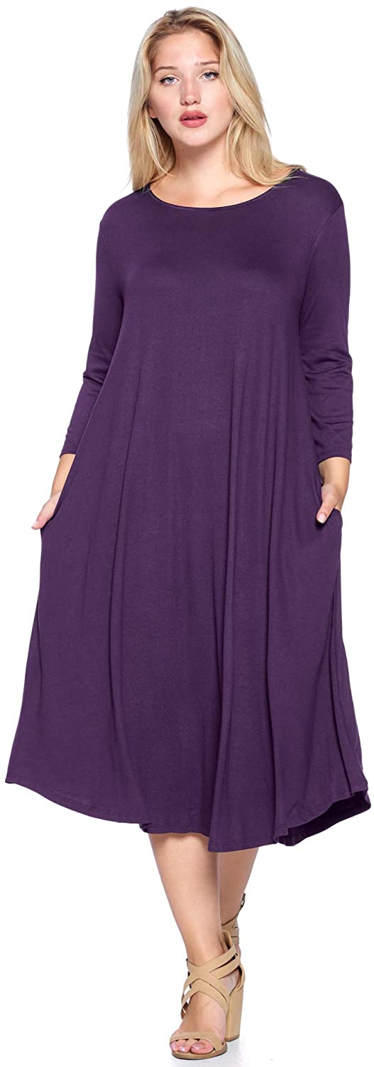 Modern Kiwi Women's Plus Size Solid 3/4 Sleeve Pocket Curve Hem Midi Maxi  Dress