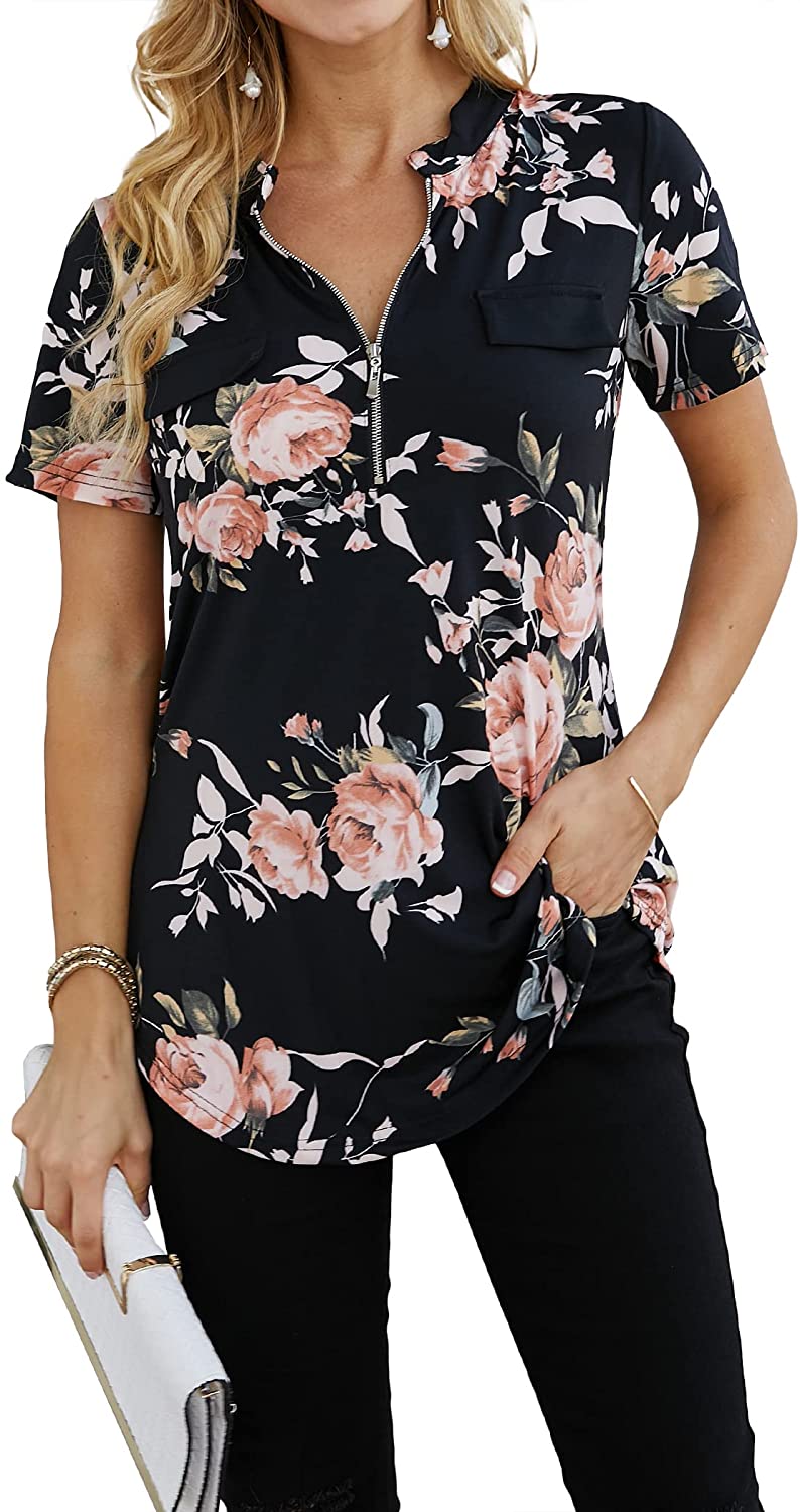 Ninedaily Womens Summer Tops Short Sleeve Casual Blouse Zip Floral Tunic Shirts 