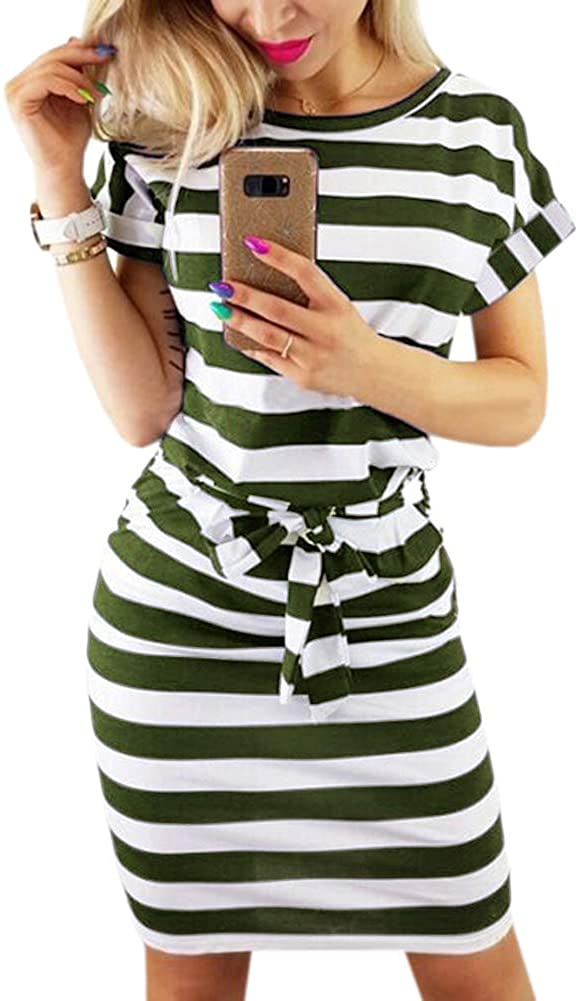PALINDA Women's Striped Elegant Short Sleeve Wear to Work Casual Pencil Dress with Belt
