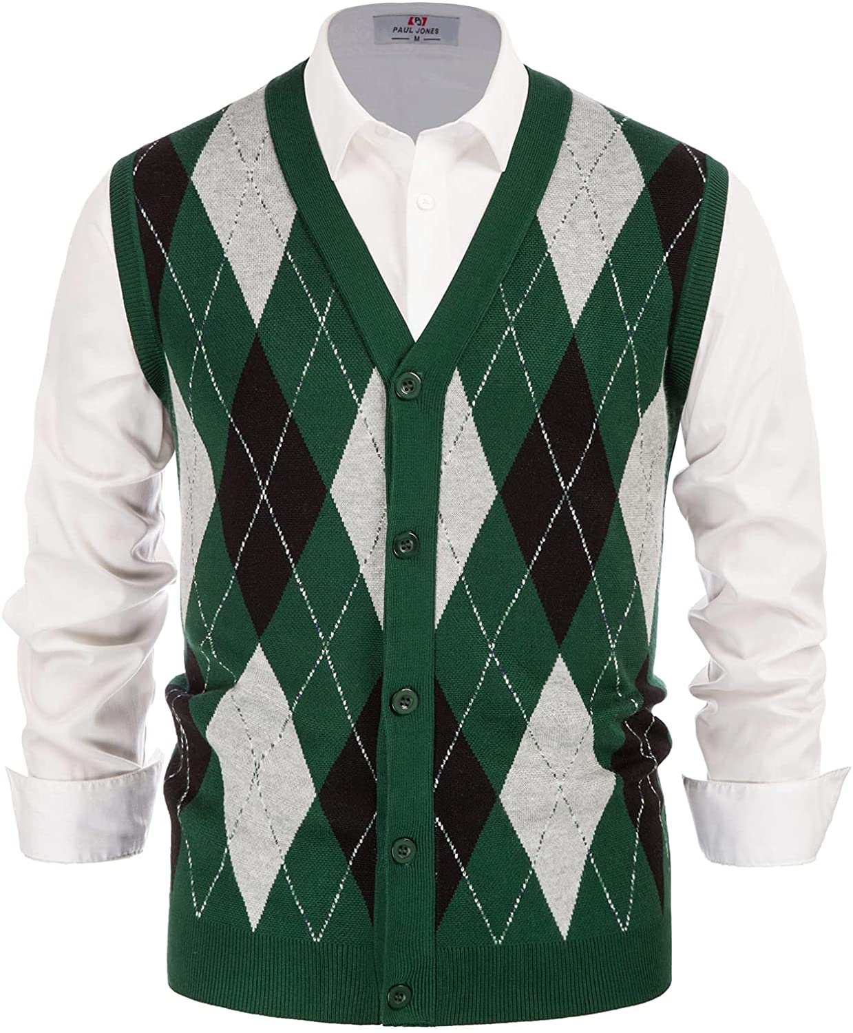 PJ PAUL JONES Mens Sweater Vest Cardigan Button Front Knitwear Contrast Color Argyle Sweater Vest 