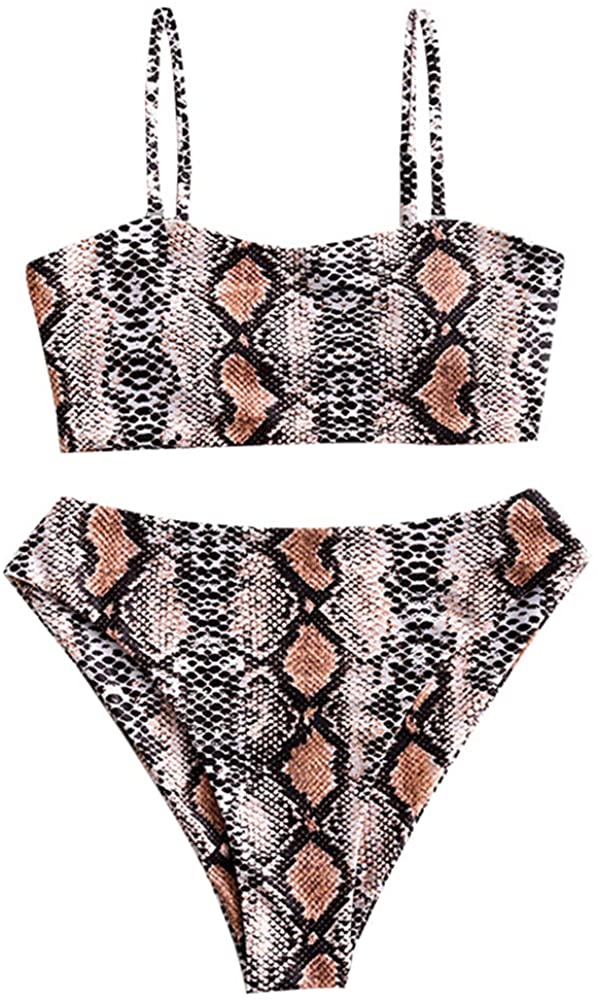 ZAFUL Womens Leopard Print High Cut Two Piece Swimsuit Bandeau Bikini Set