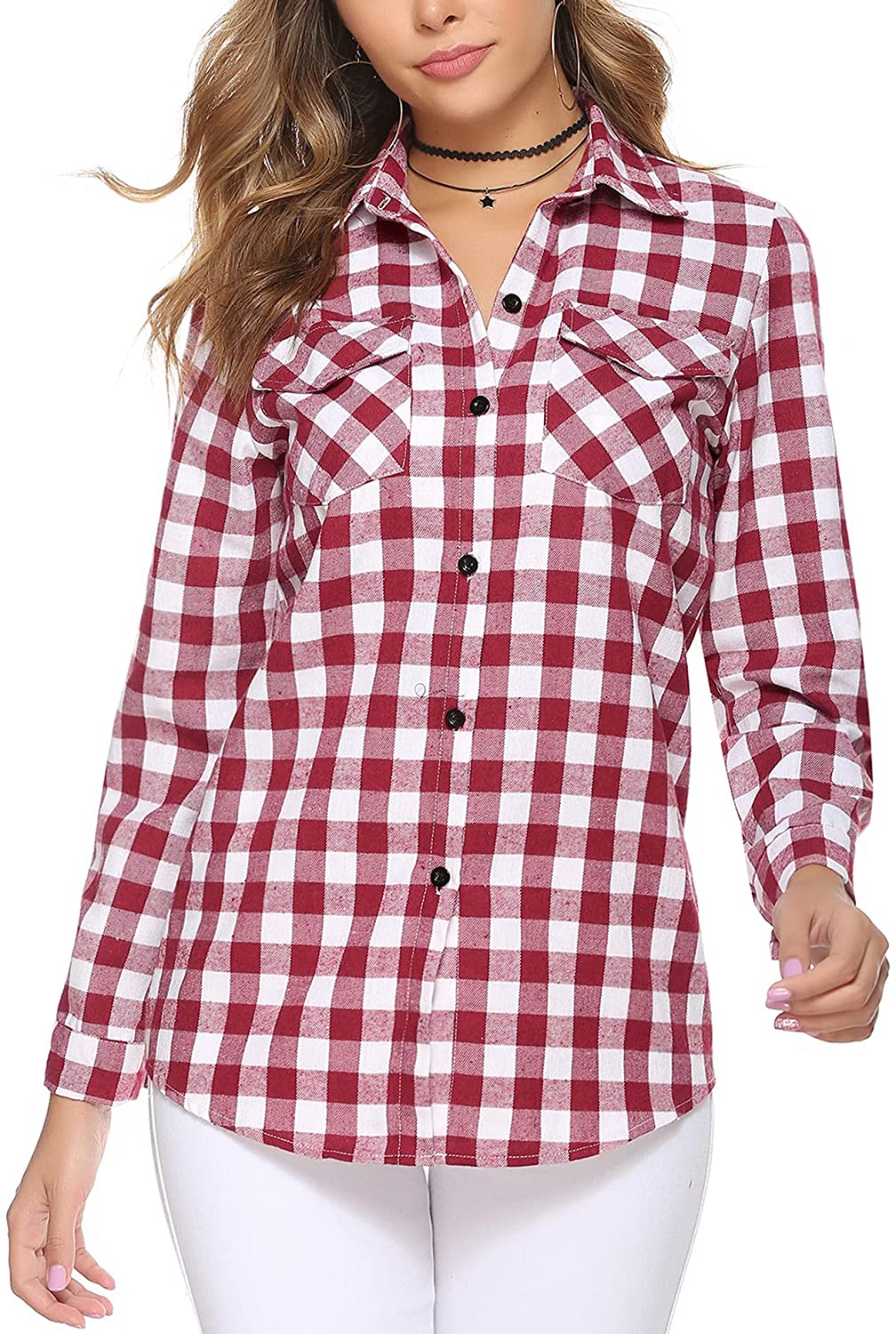 Irevial Womens Plaid Flannel Shirts Casual Long Sleeve Pintucked 