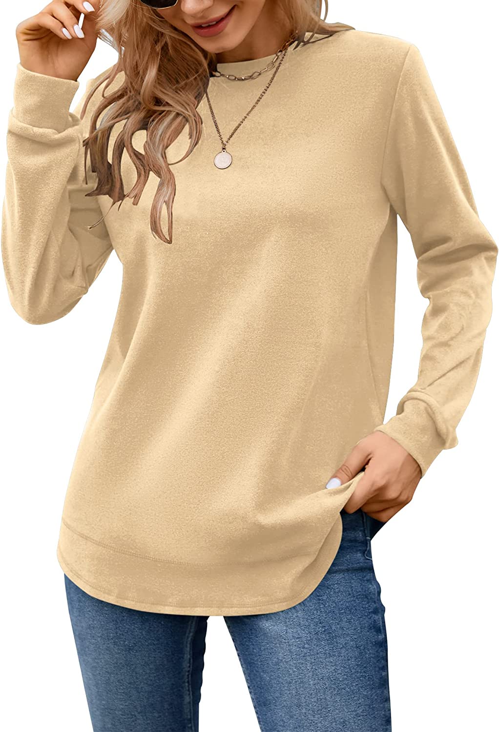 PLMOKEN Crewneck Shirts For Women Long Sleeves Casual Sweatshirt Pullover Tunics  Tops(Caramel,M) at  Women's Clothing store