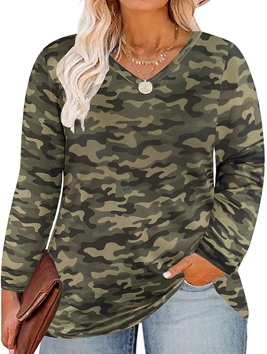 TIYOMI Camo Plus Size Women Tops Short Sleeve Shirts Basic V-Neck