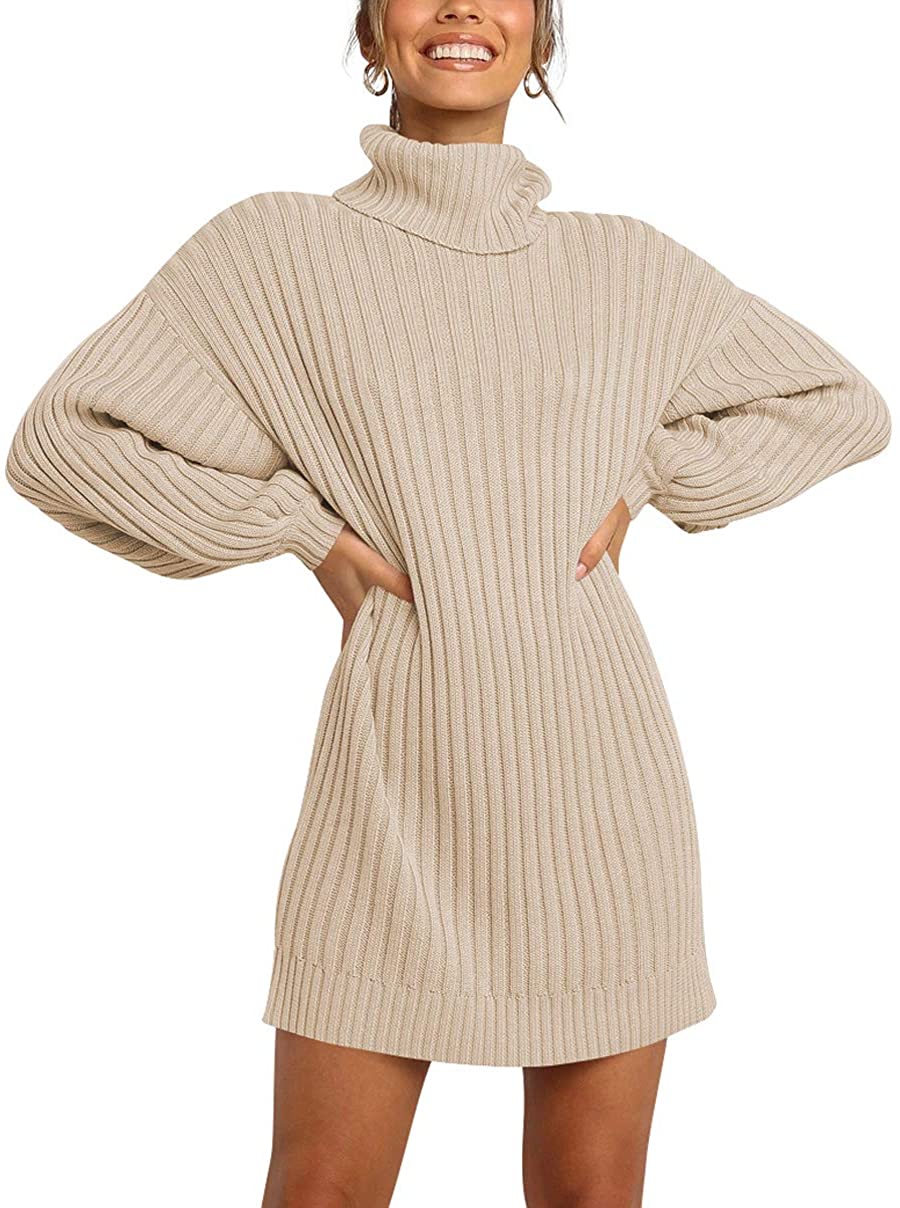 LOGENE Women's Sweater Dress Turtleneck Long Balloon Sleeve Ribbed Knit  Oversize | eBay