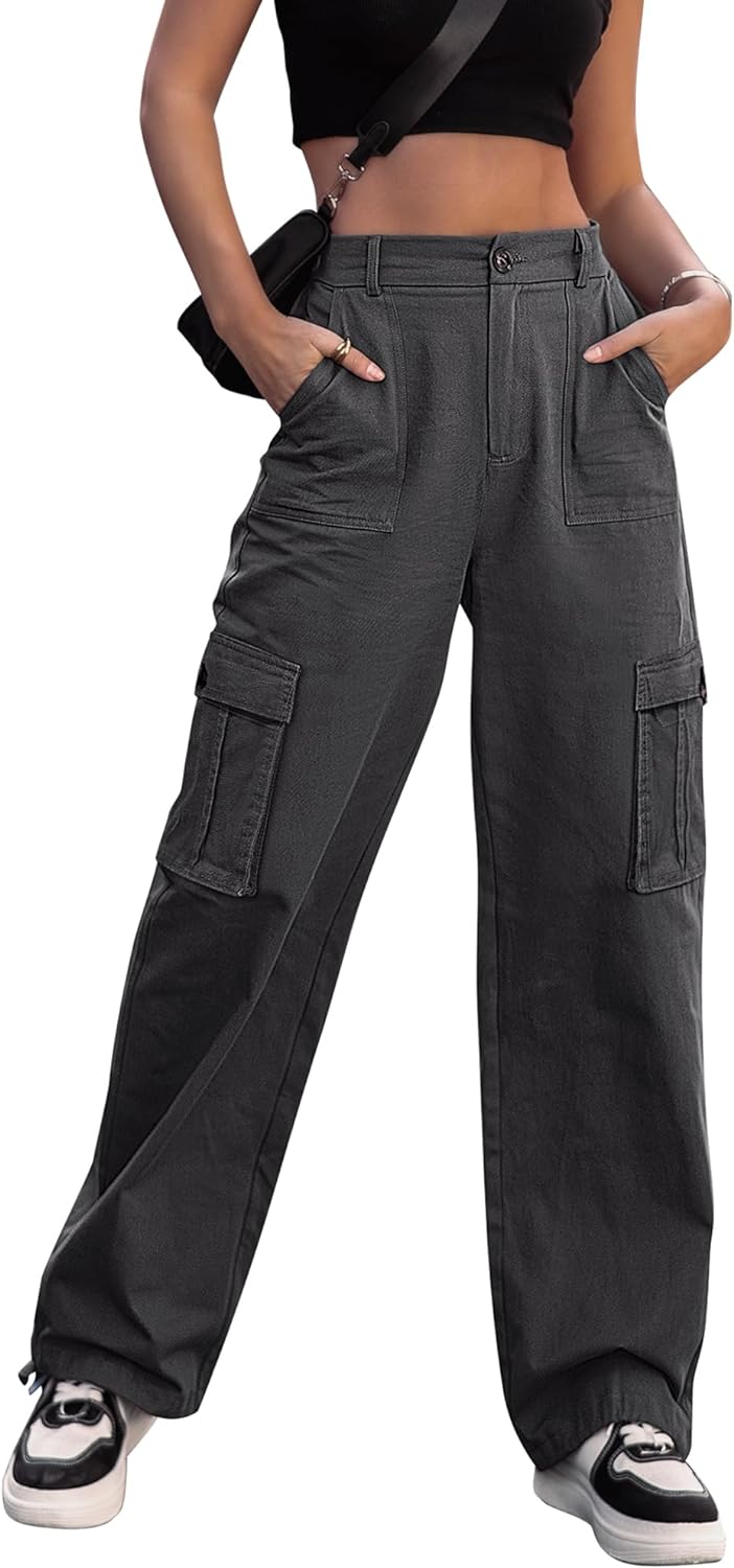 ZMPSIISA Women High Waisted Cargo Pants Wide Leg Casual Pants 6 Pockets  Combat M