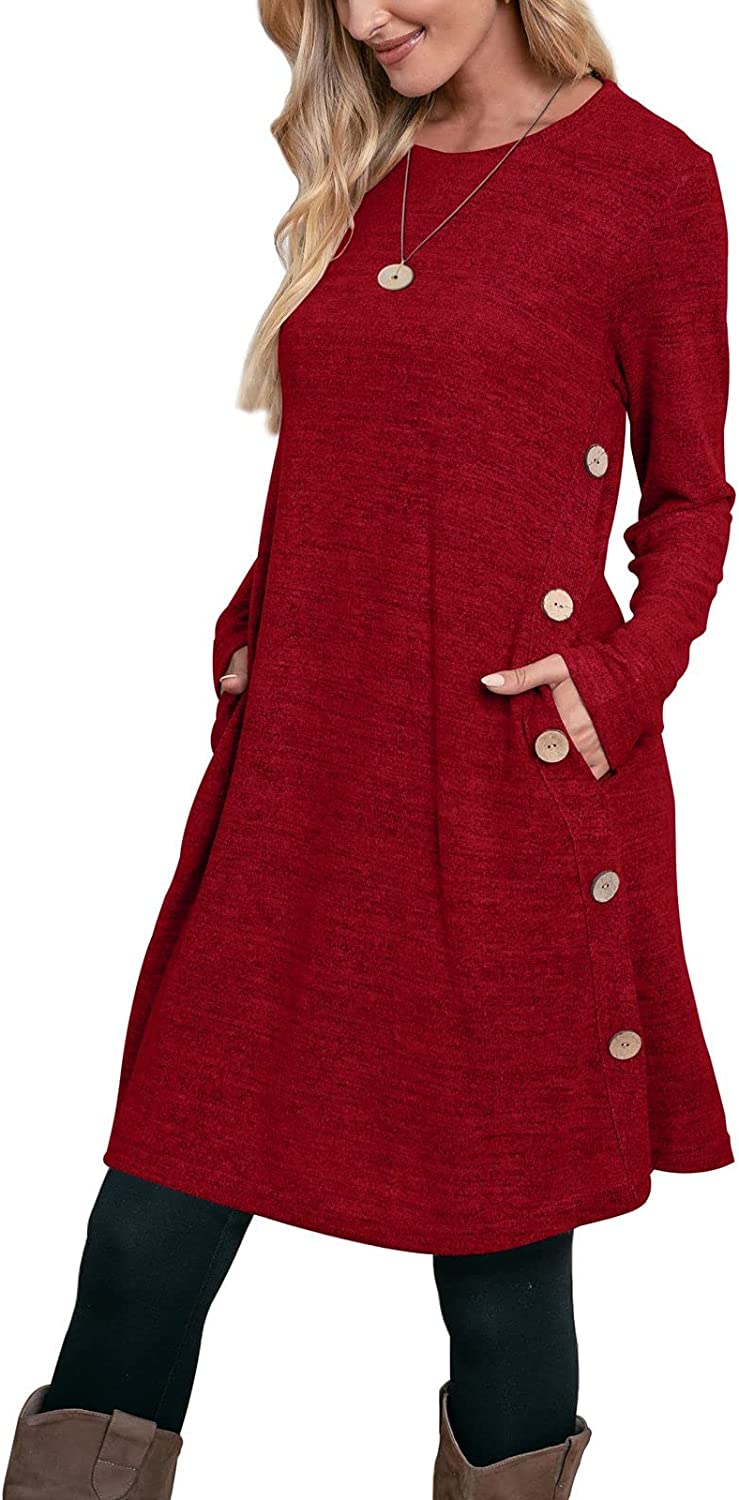 OFEEFAN Women's Long Sleeve Winter Dress with Pockets Buttons Side