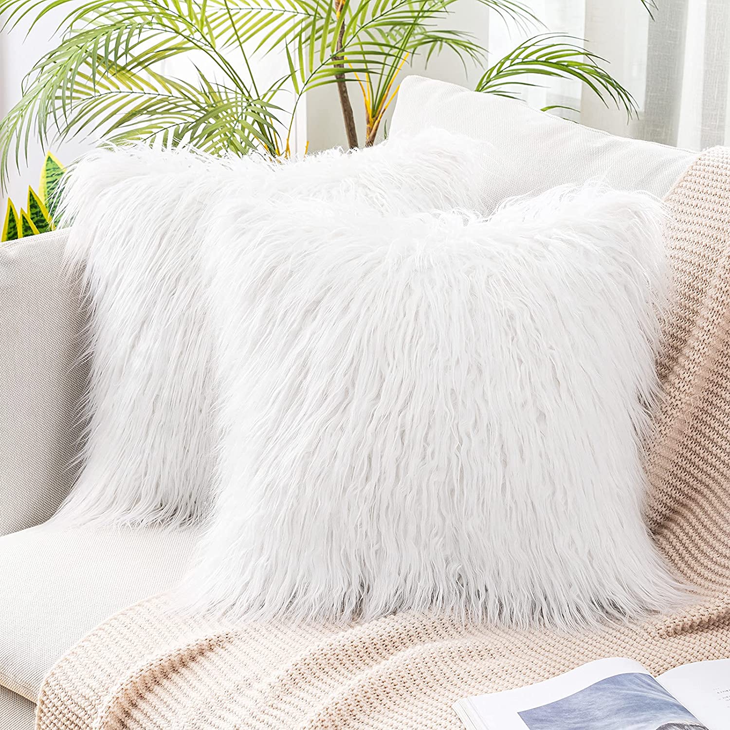 MIULEE Beige Decorative Throw Pillow Covers, Soft Faux Fur Pillow Case