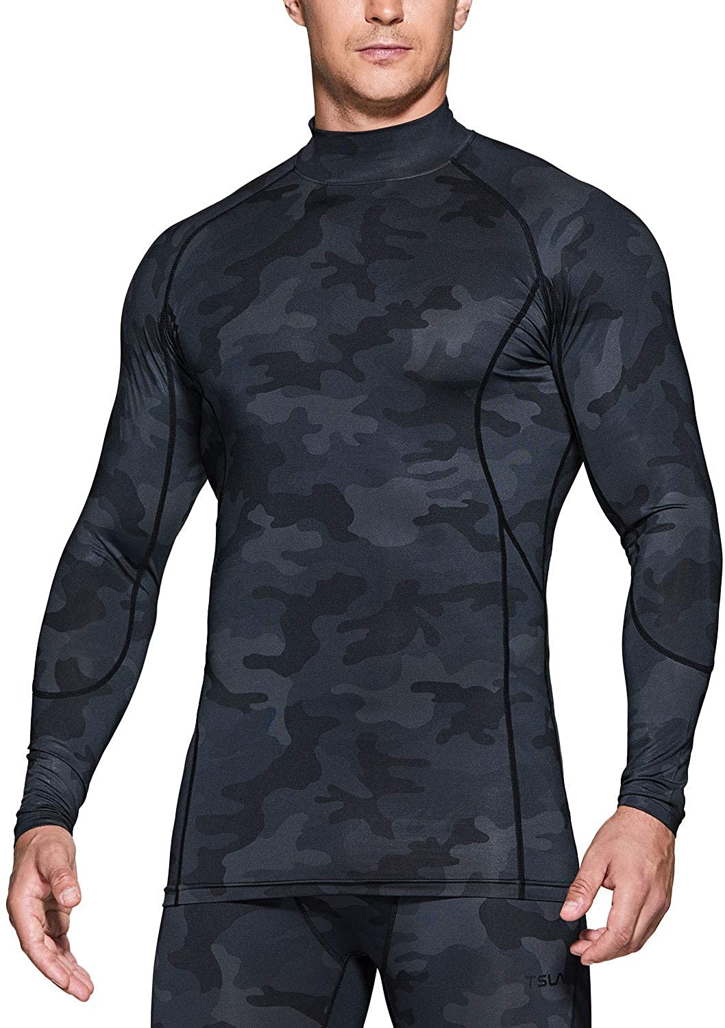 TSLA Mens Mock Long-Sleeved T-Shirt Cool Dry Compression Baselayer Top