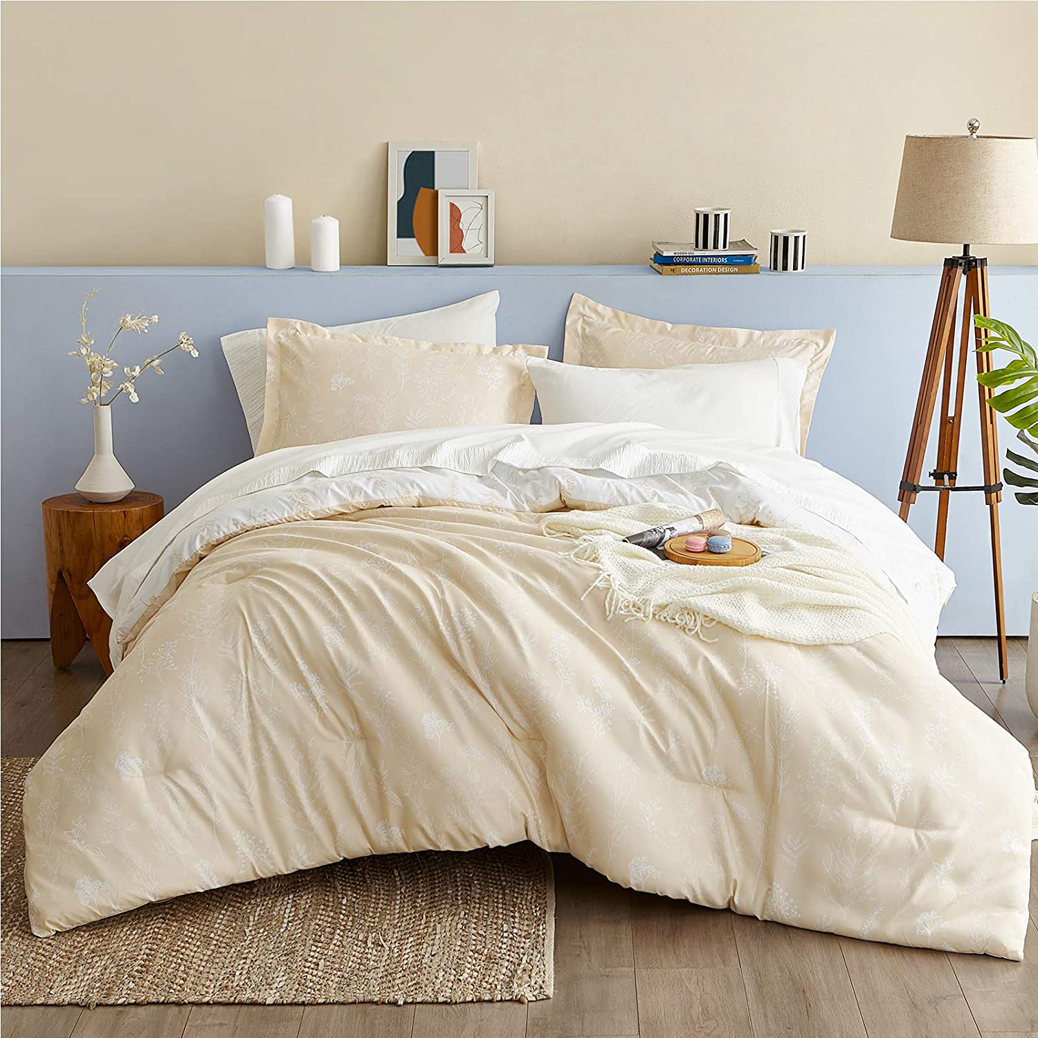 Bedsure Twin Comforter Set Coral Orange White - Reversible Floral