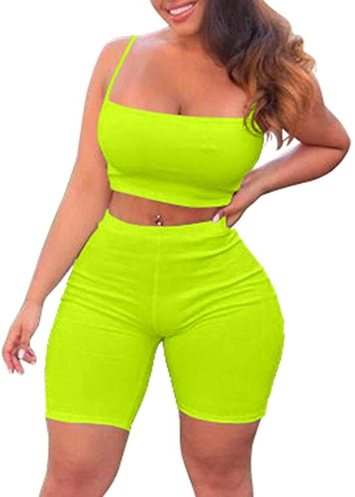 TOB Womens Bodycon 2 Pieces Outfit Spaghetti Strap Crop Tank Top Shorts Pants
