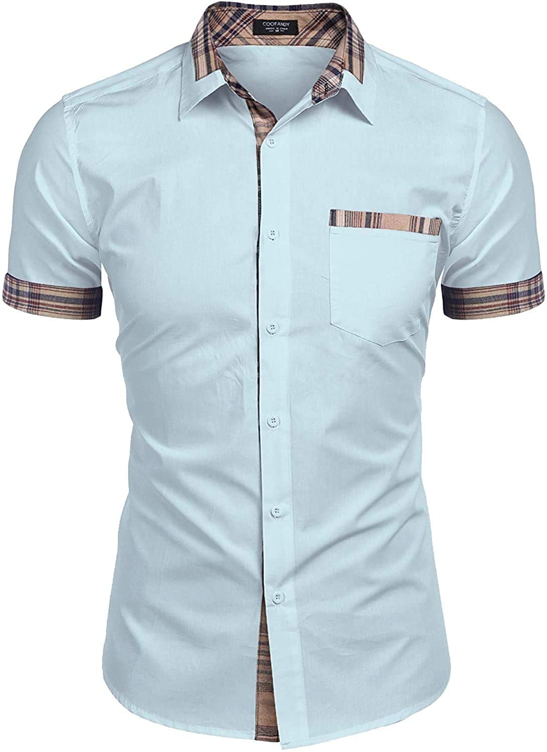 COOFANDY Men's Casual Cotton Short Sleeve Dress Shirt Plaid Collar Button Down Shirt 