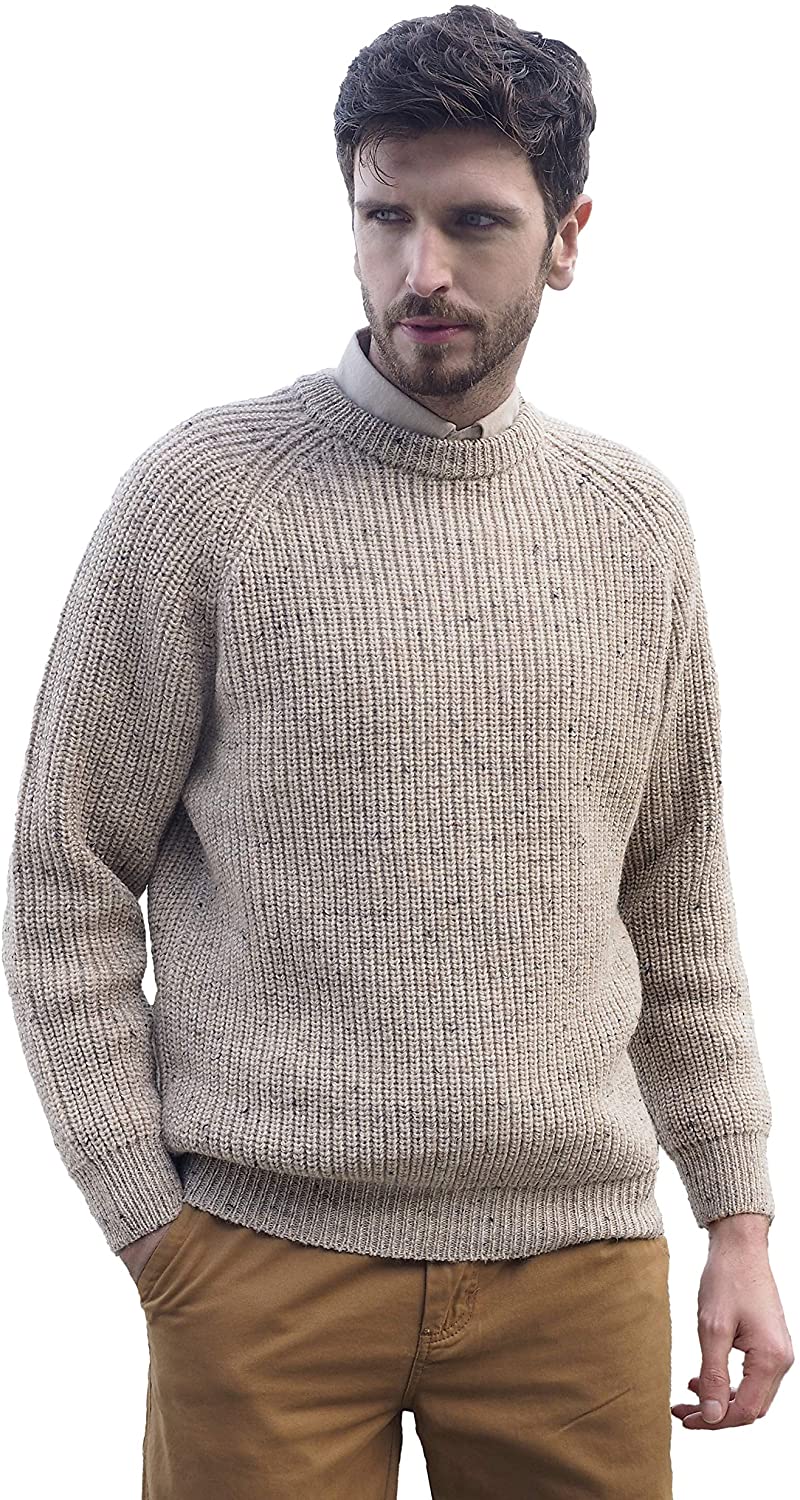 100% Pure New Wool Aran Crafts Men's Fisherman Irish Rib Crew Neck Sweater 