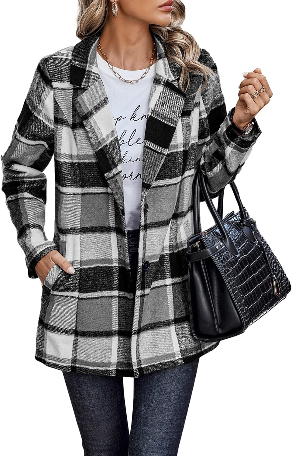 PRETTYGARDEN Women's 2023 Plaid Shacket Jacket Casual Button Wool Blend  Winter Tartan Trench Coat With Pockets 