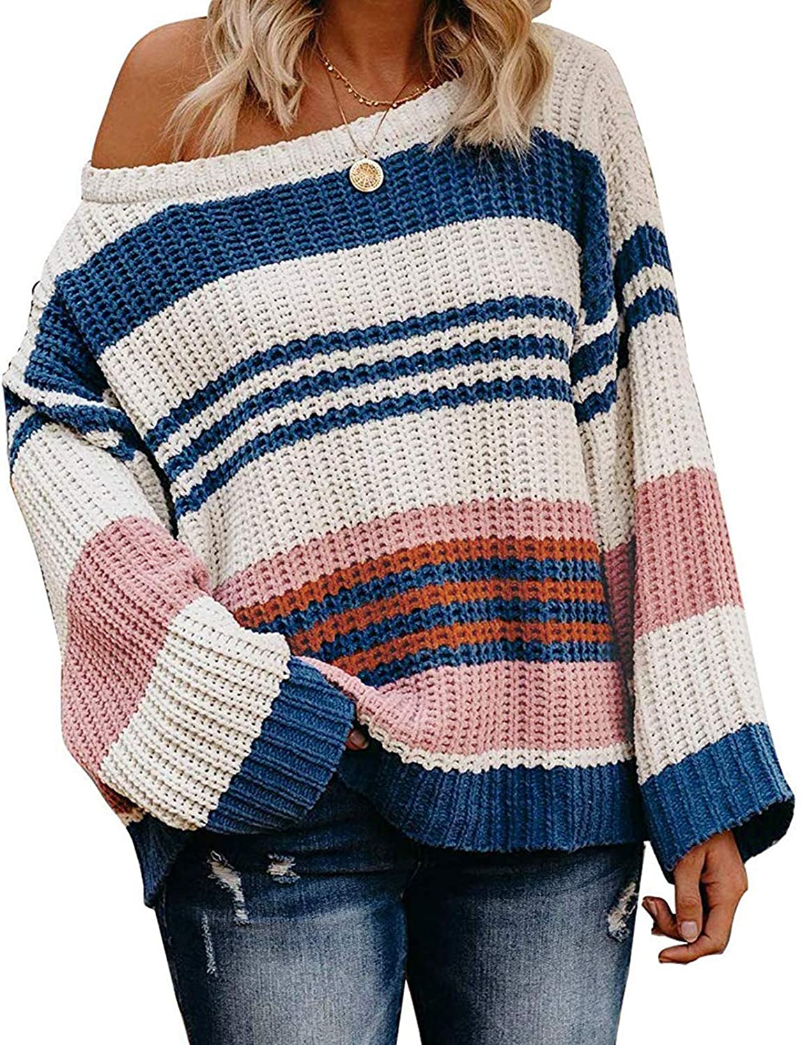 thumbnail 10  - ZESICA Women&#039;s Long Sleeve Crew Neck Striped Color Block Casual Loose Knitted Pu