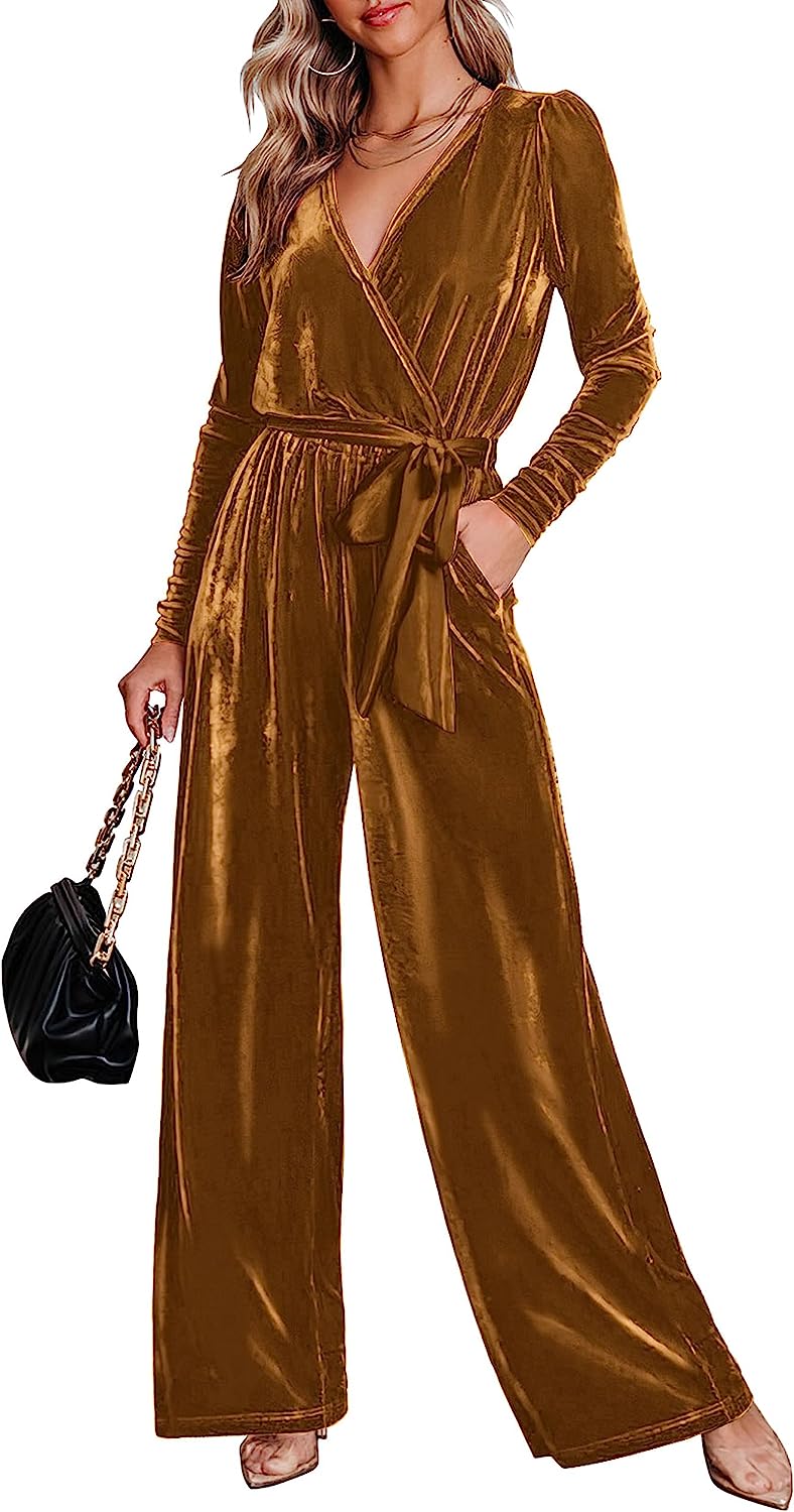 Velvet Jumpsuit for Women V Neck Long Sleeves Velvet Romper Wide