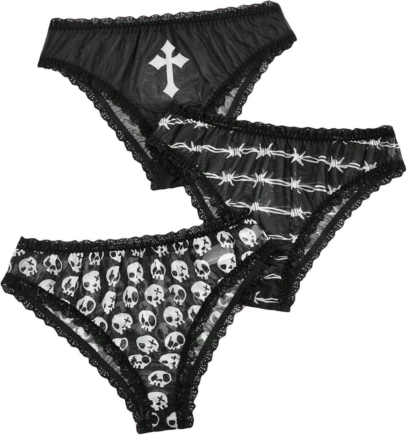 WDIRARA Women's 3 Pack Skull Graphic Print Lace Trim Underwear Panty Set