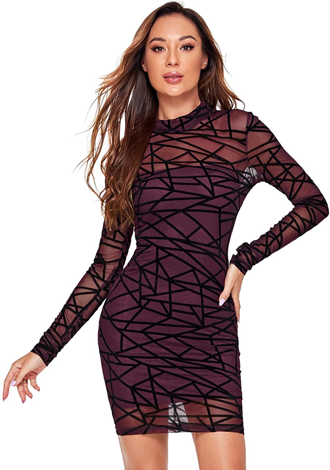 ROMWE Womens See Through Mesh Long Sleeve Stretch Bodycon Dress Without Camisole