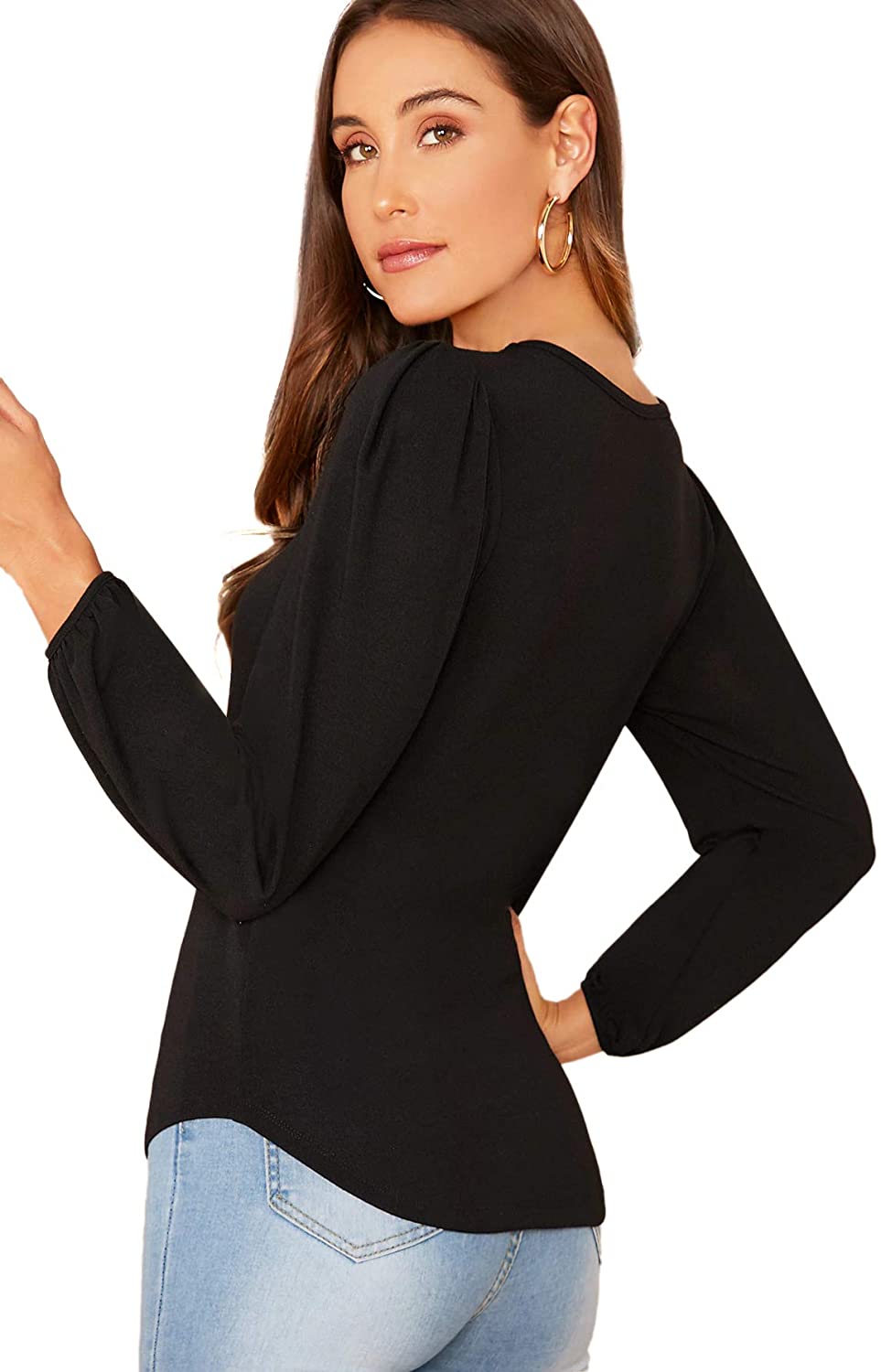 SheIn Women's Casual Round Neck Blouse Top Puff Sleeve ...