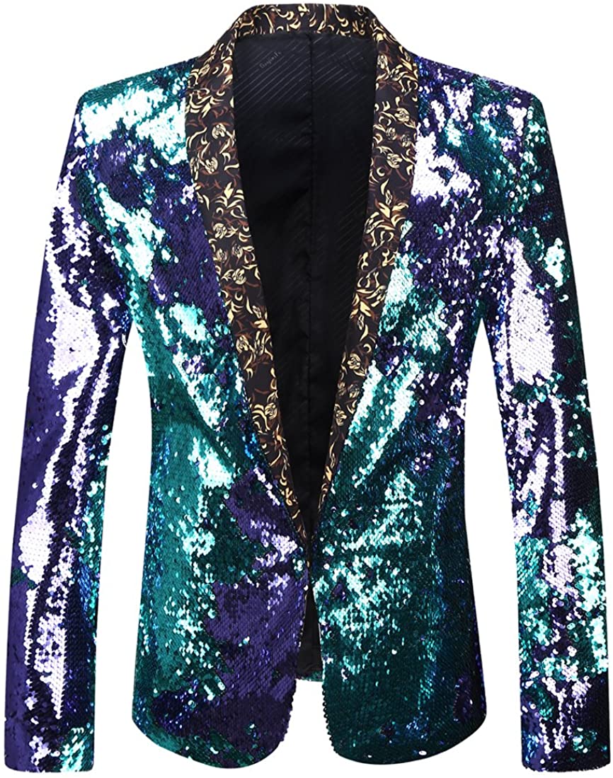 PYJTRL Men Stylish Two Color Conversion Shiny Sequins Blazer Suit Jacket 