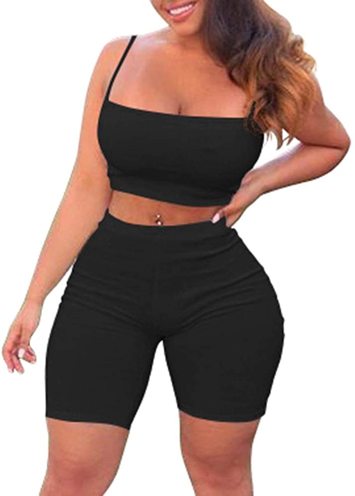 TOB Womens Bodycon 2 Pieces Outfit Spaghetti Strap Crop Tank Top Shorts Pants