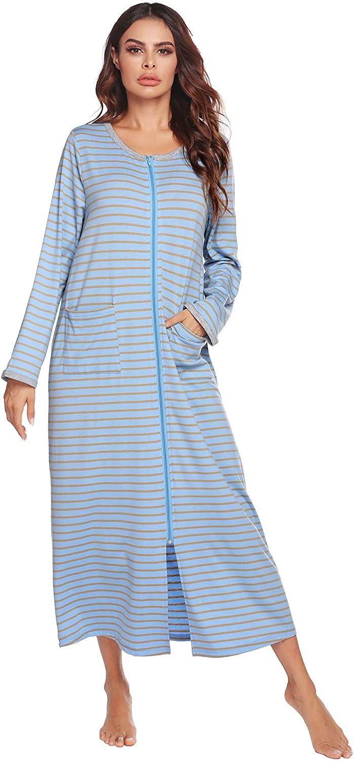 Ekouaer Women Long House Coat Zipper Front Robes Full Length Nightgowns ...