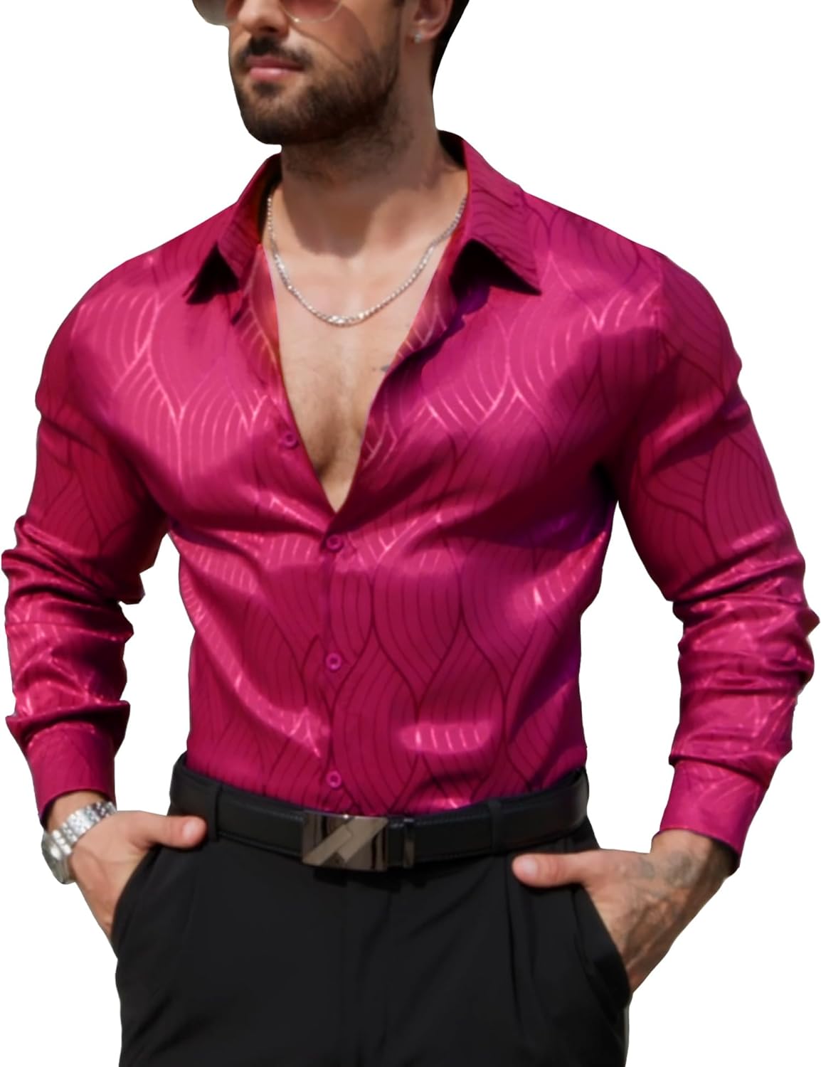 ZSJR Men Metallic Satin Dress Shirt Luxury Jacquard Long Sleeve Casual  Button Do