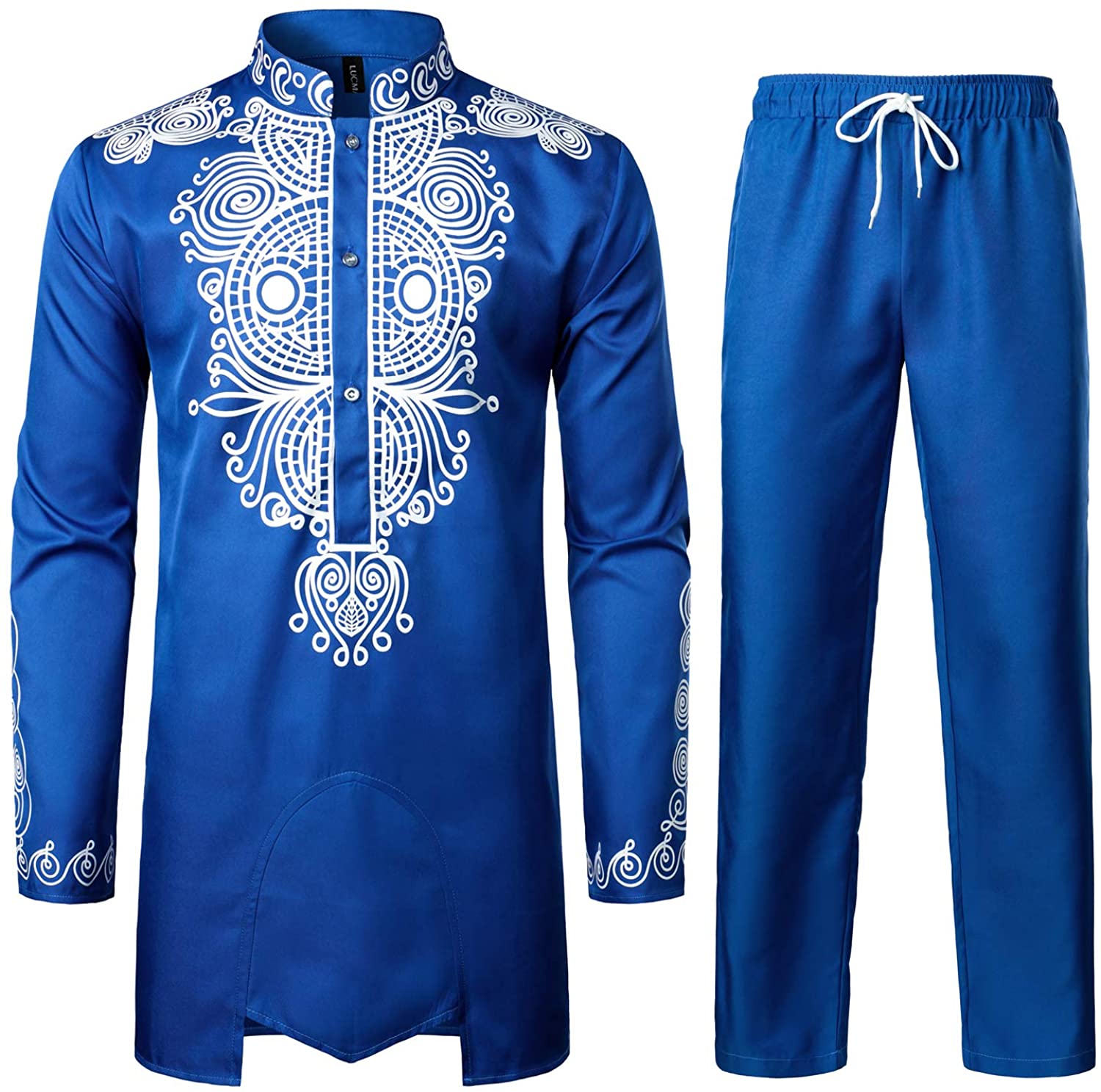 LucMatton Mens African 2 Piece Set Long Sleeve Gold Print Dashiki and Pants Outfit Traditional Suit