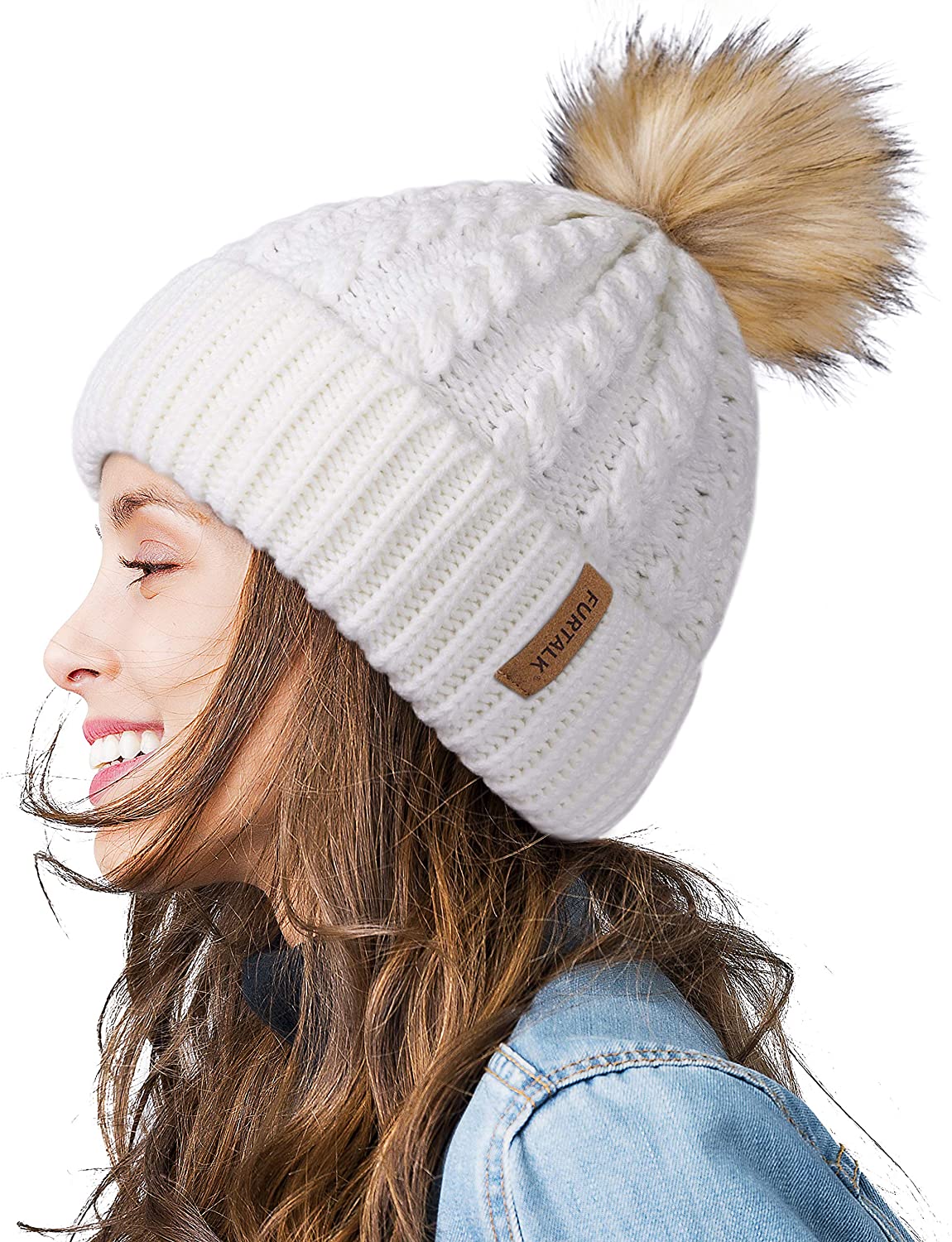 Ladies Women's Warm Thick Fleece Lined Winter Ski Beanie Hat Pom Cap 