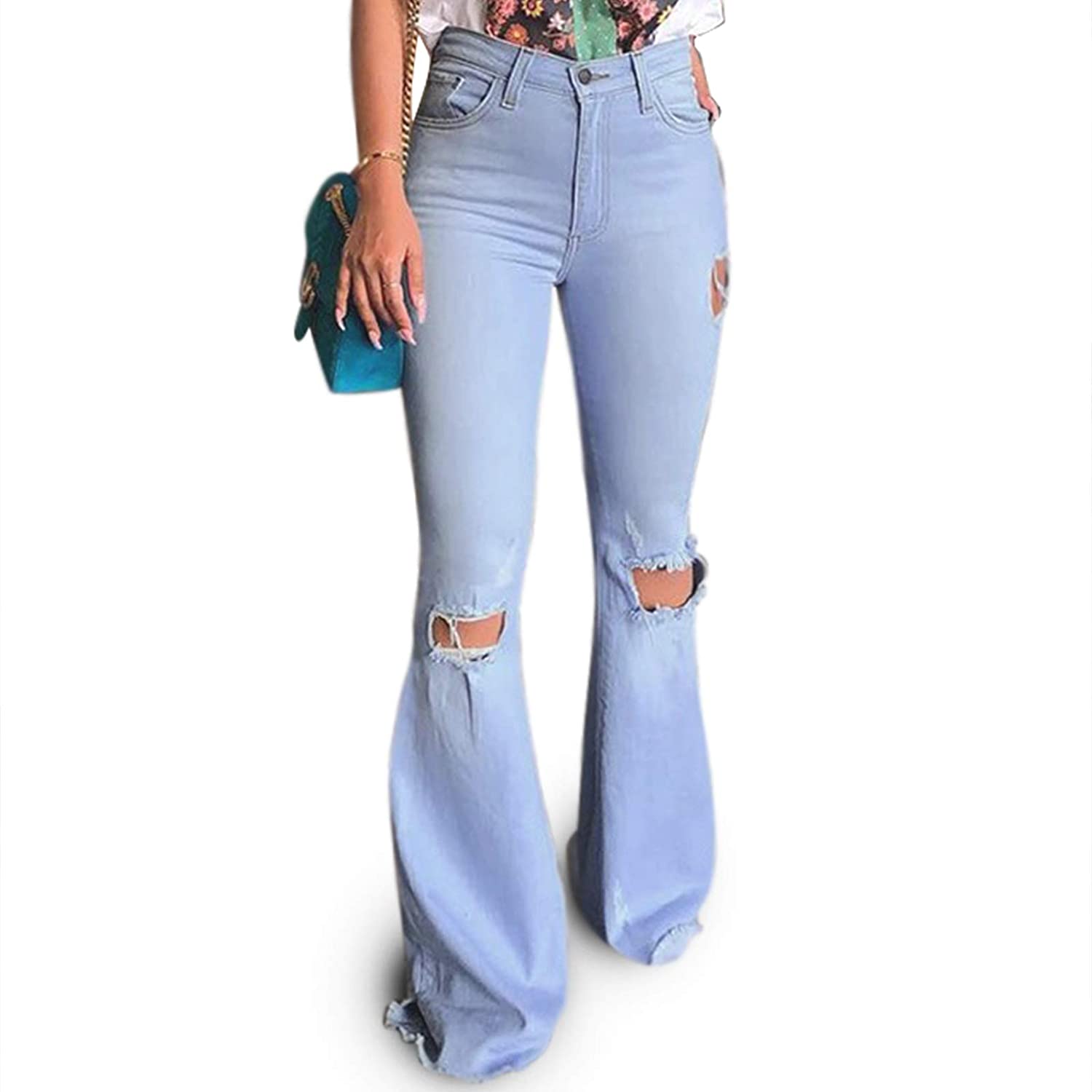 Women's Fashion Bell Bottom Pants High Waist Tassel Stretch Curvy Fit Jeans  Blue